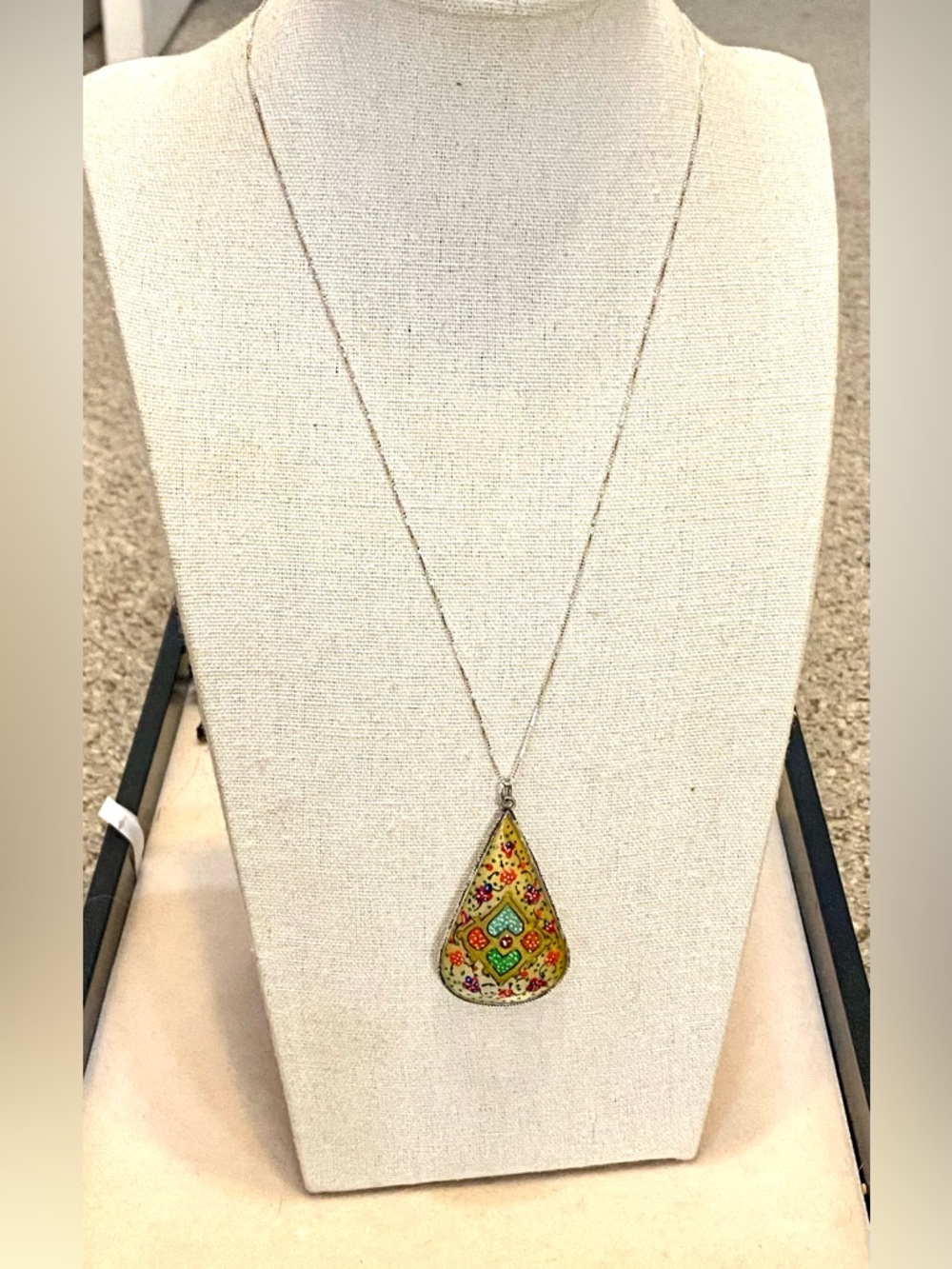 Vintage Persian Mother of Pearl Painted Pendant on Sterling Silver Chain